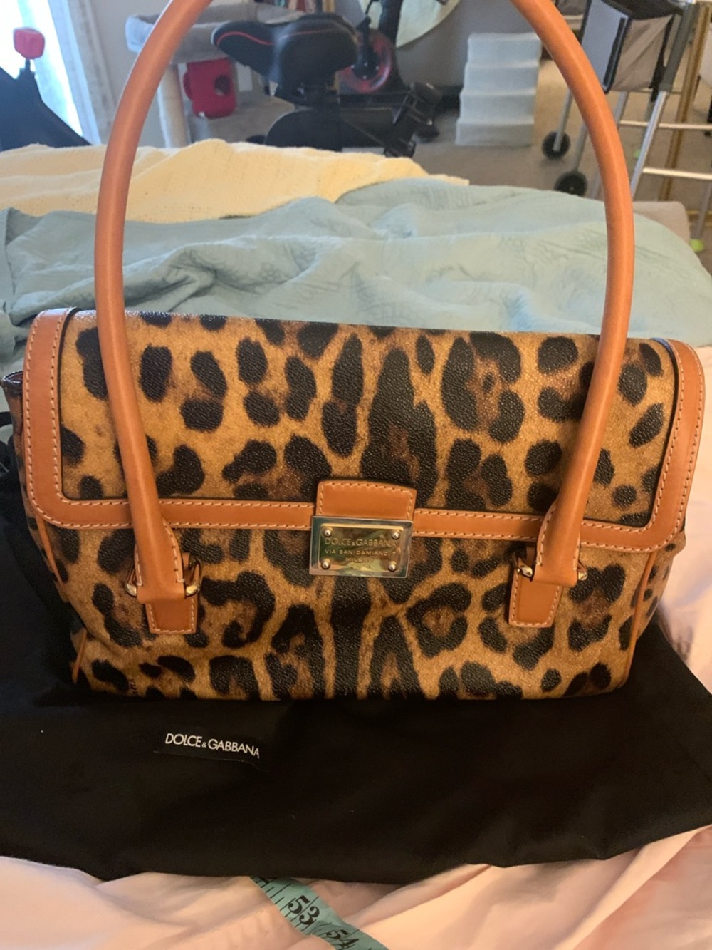 Dolce & Gabbana Leopard-Print Shoulder Bag with Tan Leather Trim authentic